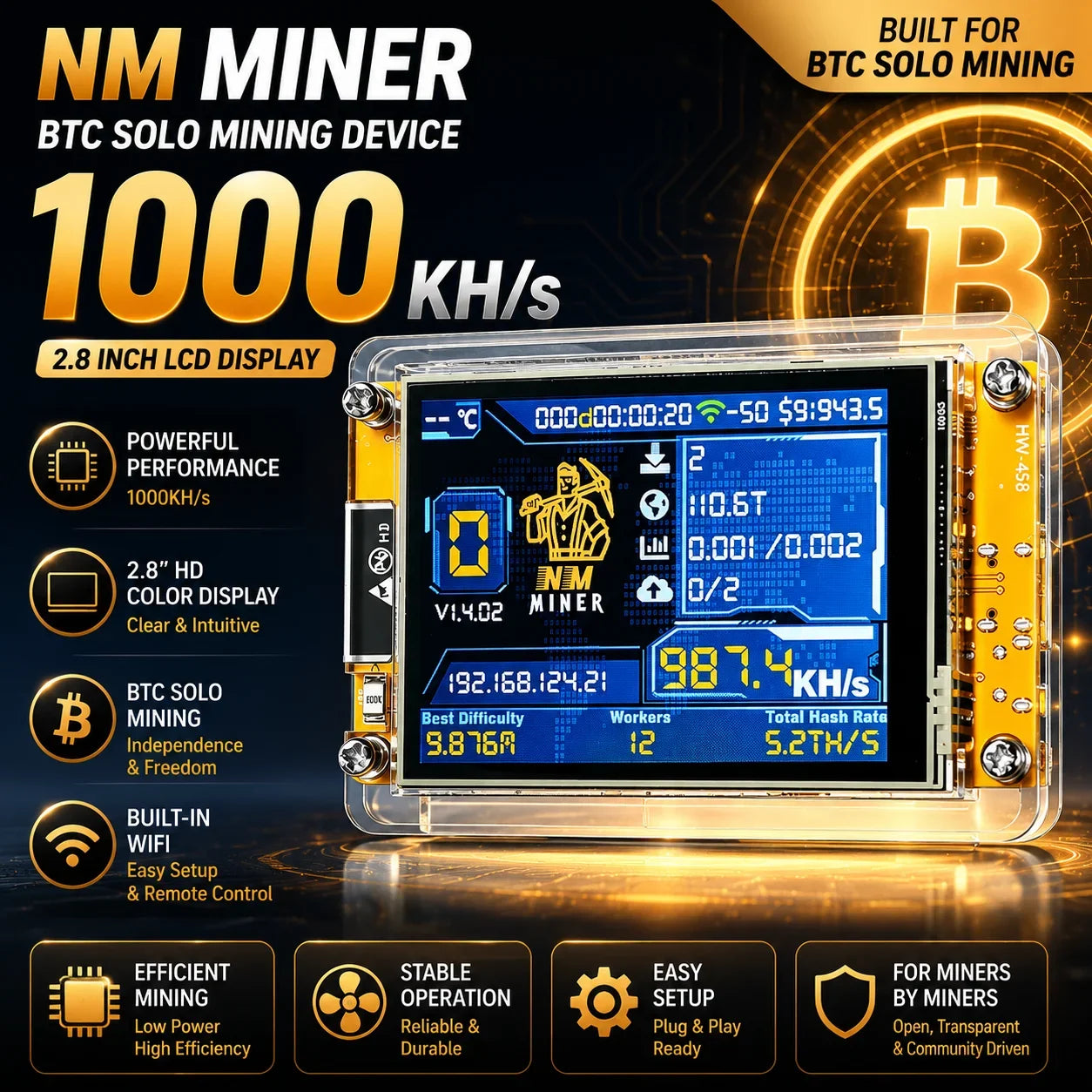 NMMiner NerdMiner V3 Bitcoin Solo Mining Device - 2.8-Inch BTC Lottery Miner 350KH/s–1000KH/s
