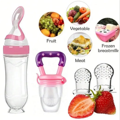 4-Piece Baby Feeding Set - Bottle, Fruit & Vegetable Feeder with Suction Base and Mesh Bags
