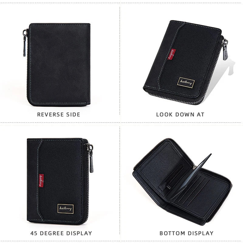 Baellerry RFID Short Men’s Wallet — Luxury Zipper Card Holder with Coin Pocket & Photo Slots