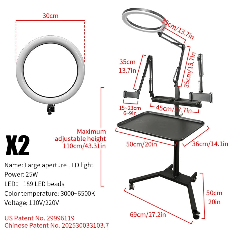 TAIDU Tattoo Workstation – Foldable LED Light 60W with Phone Holder, Tray Table, Nail Lamp & Tattoo Work Cart