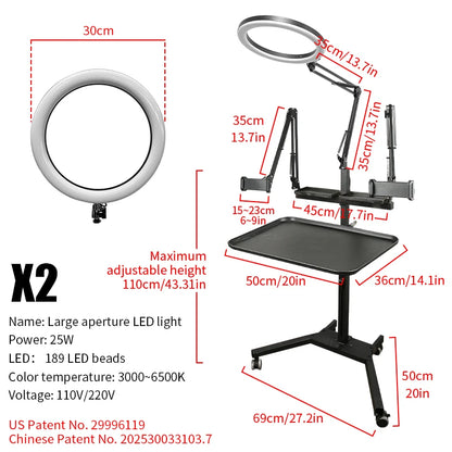 TAIDU Tattoo Workstation – Foldable LED Light 60W with Phone Holder, Tray Table, Nail Lamp & Tattoo Work Cart