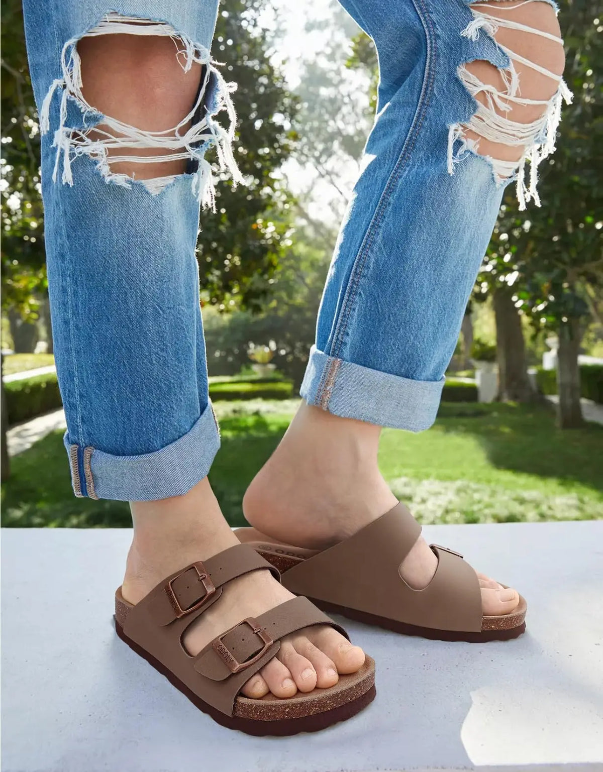 Comwarm Men's Cork Footbed Slide Sandals - Arch Support, Adjustable Buckle & Leather Summer Casual Slides