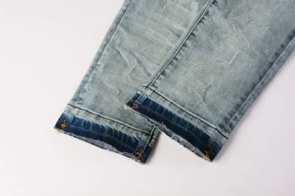 2025 Men’s High Street Ripped Skinny Jeans — Low Rise Blue Distressed Denim Fashion Repair Trousers 9003