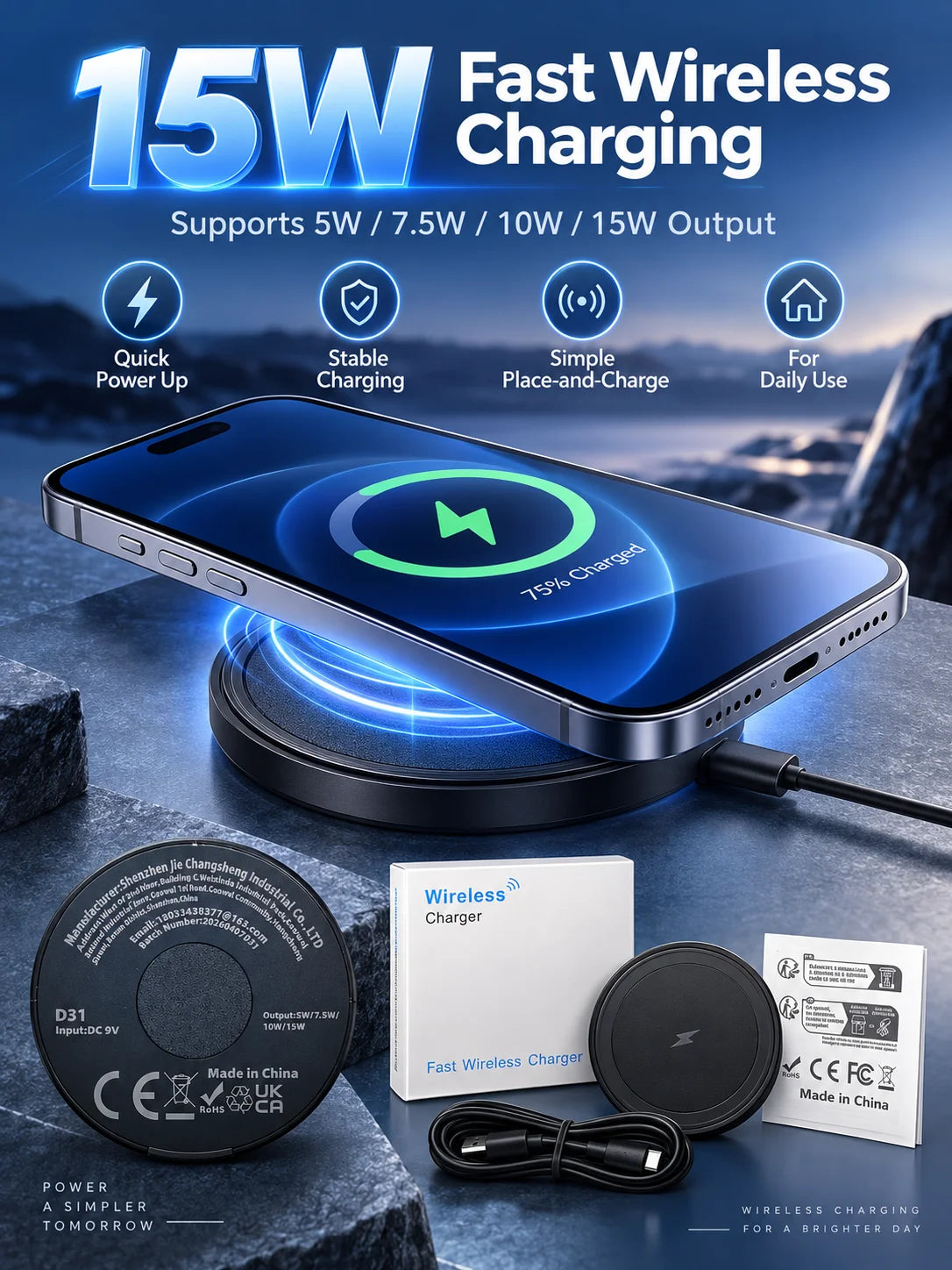 15W Magnetic Wireless Charger with Stand - Foldable Fast-Charging Dock for Smartphones and Wireless Earbuds