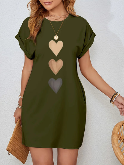 Women’s Heart Print Knit T-Shirt Dress - Casual Short Sleeve Crew Neck Top with Colorful Flag Design