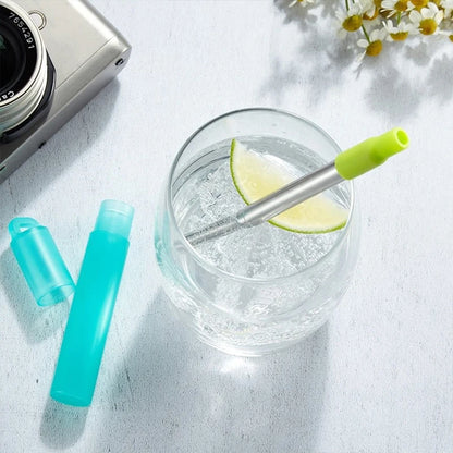 Telescopic Stainless Steel Reusable Drinking Straws - Folding Straw Set with Case and Cleaning Brush - Camping and Travel Straw