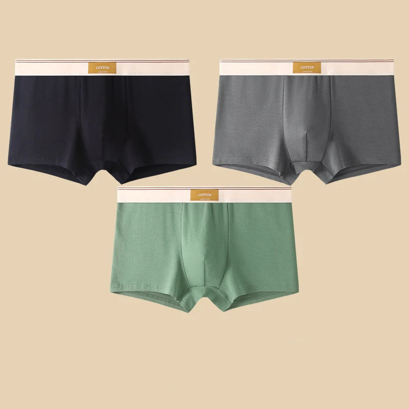 3PCS Men’s Cotton Boxer Shorts – Comfortable Breathable Solid Color Underwear Set for Everyday Wear & Sports Comfort