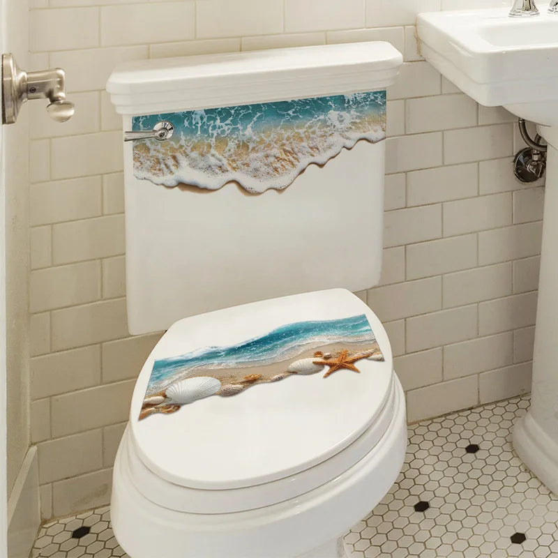 3D Ocean Wave Toilet Sticker – Realistic Beach Bathroom Floor Decal, Waterproof & Anti-Slip Removable Seashore Bathtub Decor
