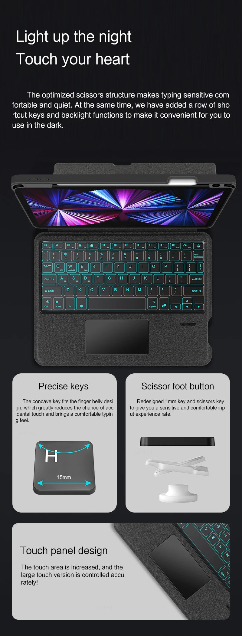 AJIUYU Keyboard Case for iPad Pro 11" & 12.9" (2018-2022) – Backlit Smart Keyboard with TouchPad for iPad Air & 10.2"