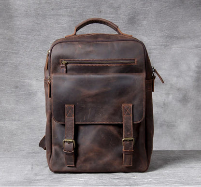 Vintage Crazy Horse Leather Backpack for Men — 17" Laptop Travel Rucksack Cowhide Hiking Bag M815