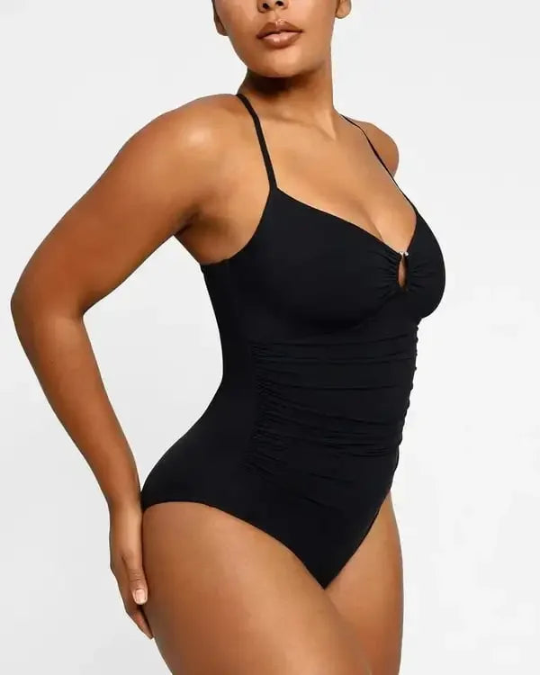 Smart Sculpt U-Ring One Piece Swimsuit - Shiny V-Neck Ruching Waist Backless Shaping Beachwear