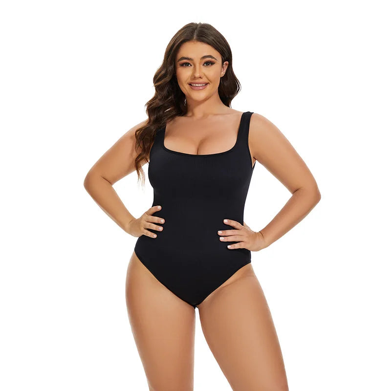 GUUDIA Ribbed Tummy Control Jumpsuit – Light Compression Daily Shaper Bodysuit with Open Crotch Shapewear Design
