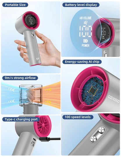 Mini Rechargeable Handheld Fan — Strong Wind with 100-Speed Digital Display