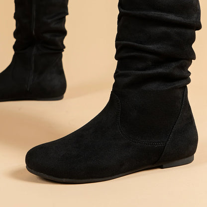 Pleated PU Women’s Fashion Boots – Casual Side-Zip Round Toe Flat High Solid Color Boots