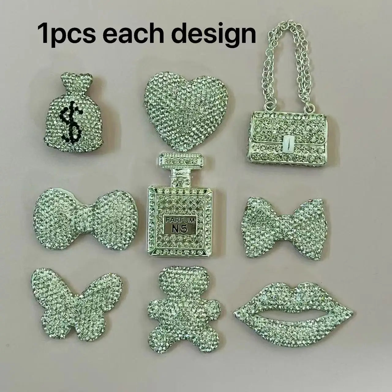 43PCS Luxury Charm Set — Diamond Bow, Perfume Bottle, Butterfly & Lip Decorations for Phone Case, Purse, and DIY Crafts