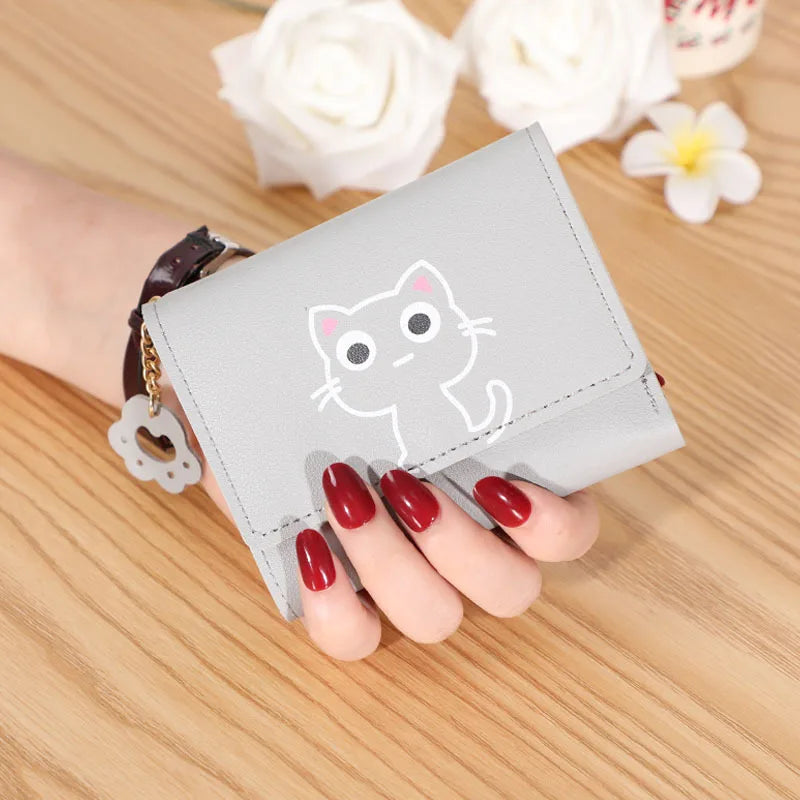Women’s Cute Cat PU Leather Wallet — Small Short Card Holder Purse with Hasp, Fashion Money Bag for Girls & Gifts
