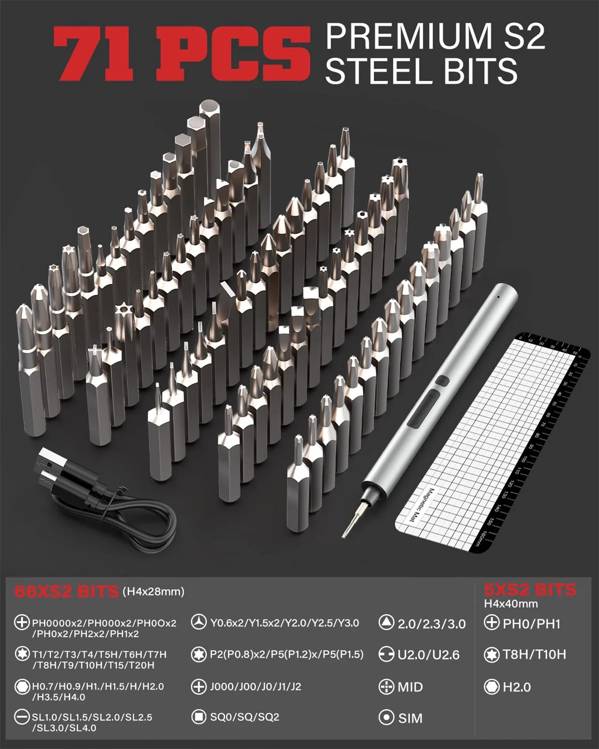 75-in-1 Precision Electric Screwdriver Set – 71 Magnetic Phillips & Torx Bits with 3 LED Lights