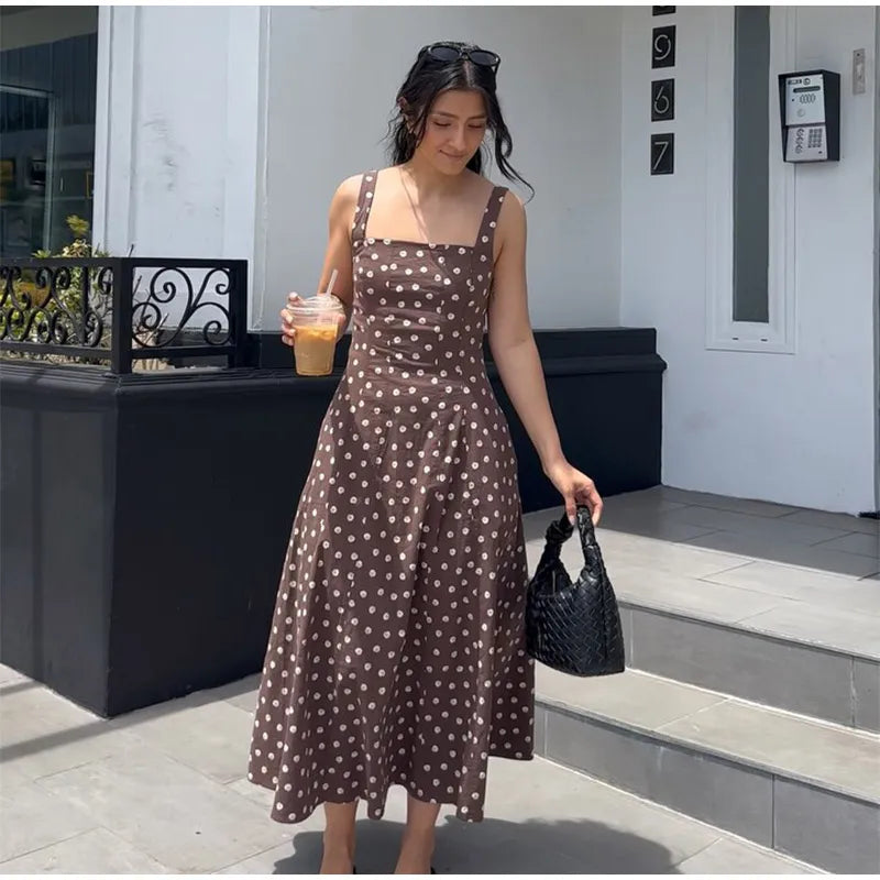 Elegant Women’s Polka Dot Maxi Dress – Chic Sleeveless Round Neck High Waist Slim Fit Vestido for Party & Street, 2025 New
