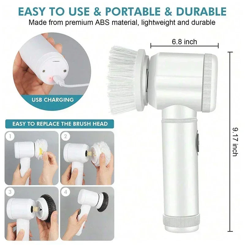Cordless Electric Spin Scrubber with 5 Brush Heads - IPX7 Waterproof Rechargeable Cleaning Brush for Bathroom Tiles, Showers, and Grout