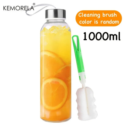 Glass Sports Water Bottle - 500/750/1000ML Juice & Coffee Bottle with Carry Strap and Cleaning Brush