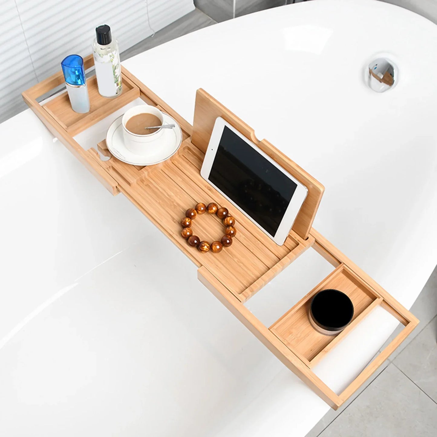 Expandable Luxury Wooden Bathtub Caddy Tray – Non-Slip Spa Organizer with Tablet & Soap Holder (23.62''-34.25'')