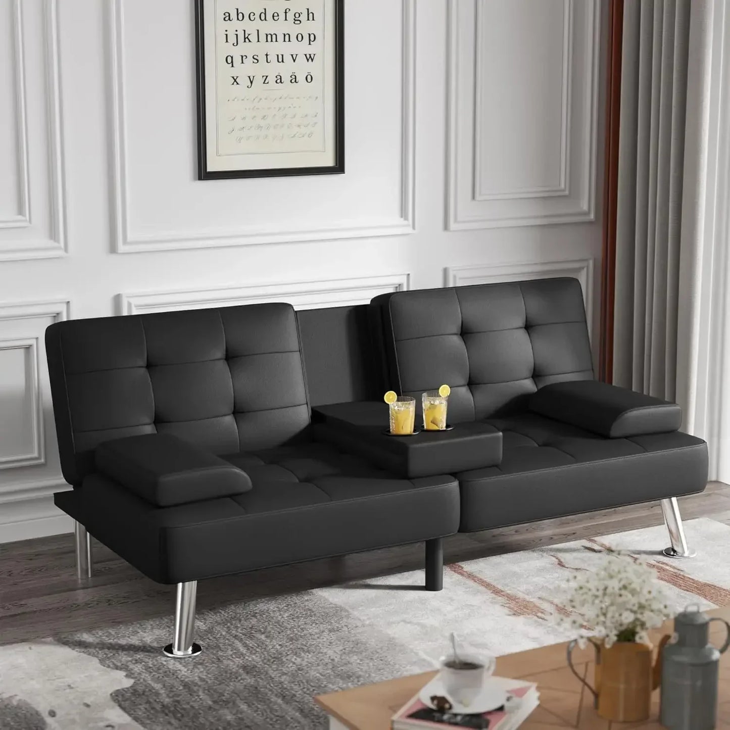 Modern Black PU Leather Futon Sofa Bed – Convertible Recliner Lounge with Folding Design & 2 Cup Holders