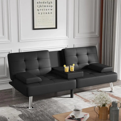 Modern Black PU Leather Futon Sofa Bed – Convertible Recliner Lounge with Folding Design & 2 Cup Holders