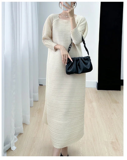 2023 Women's Miyake Pleated Long Dress – Full Sleeve, Round Neck, Korean Fashion, Plus Size Summer Style