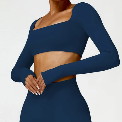 Hearuisavy Women’s Quick-Dry Sports Crop Top - Square Neck Long Sleeve Gym, Yoga, and Fitness Shirt