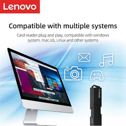 Lenovo D204 2 in 1 Memory Card Reader - Dual Interface USB 3.0 SD Card Adapter, Multi-Device Compatible