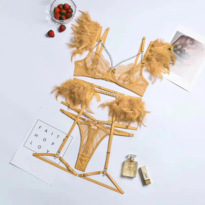 Sexy Lace G-String Lingerie Set - Feather Detail Trikini with Metal Chain and Garter Belt