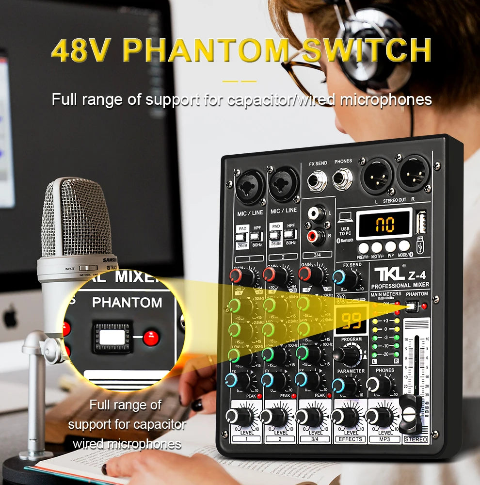 TKL 4-Channel DSP Audio Mixer with 48V Phantom Power, USB, Bluetooth DJ Console for Karaoke Studio Mixing