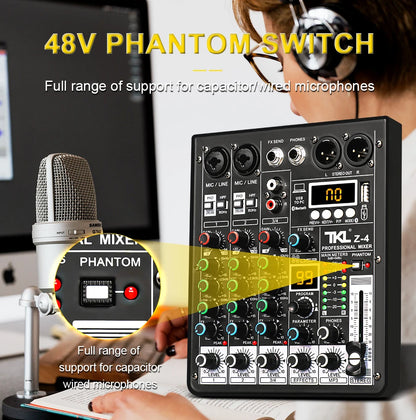 TKL 4-Channel DSP Audio Mixer with 48V Phantom Power, USB, Bluetooth DJ Console for Karaoke Studio Mixing