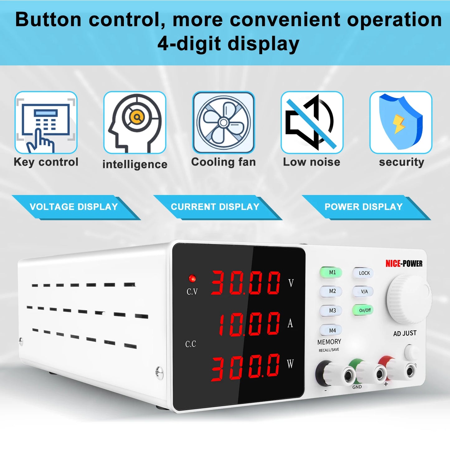 DC Programmable Power Supply — 30V 10A / 60V 5A / 120V Adjustable Laboratory Bench Source with 4-Set Memory Storage Functions