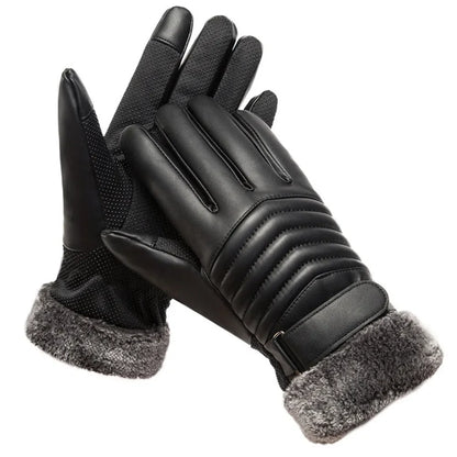 Men's Winter Fur Lined Gloves - Warm Insulated PU Touch Screen Gloves for Cycling, Motorcycle and Outdoor Use