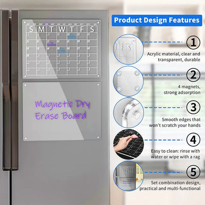 Reusable Magnetic Dry Erase Fridge Calendar Board - Transparent Acrylic Fridge Magnet Sticker Planner for Schedules, Messages, and Menus