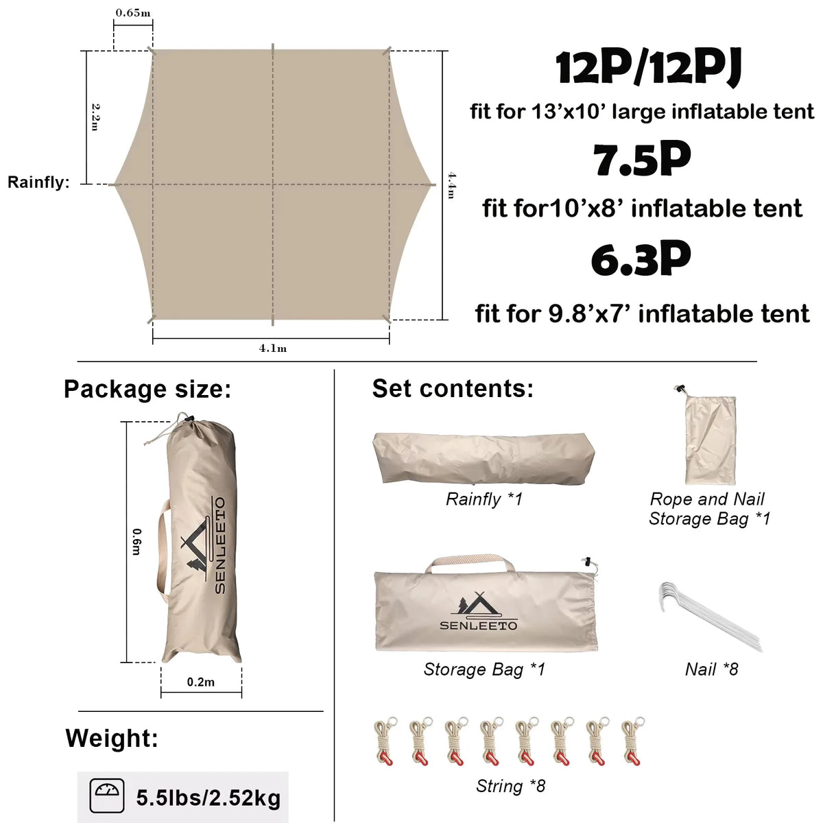 10 x 13 ft Waterproof Rainfly - Ultralight Camping Tent Shelter Awning & Sunshade for 6–8 People