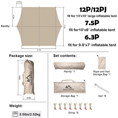 10 x 13 ft Waterproof Rainfly - Ultralight Camping Tent Shelter Awning & Sunshade for 6–8 People