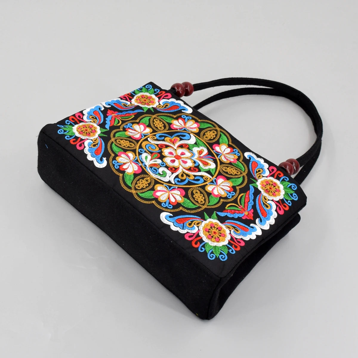 Embroidered Canvas Top Handle Bag for Women - Double Layered with Zippered Compartments, Ideal for Work and Play