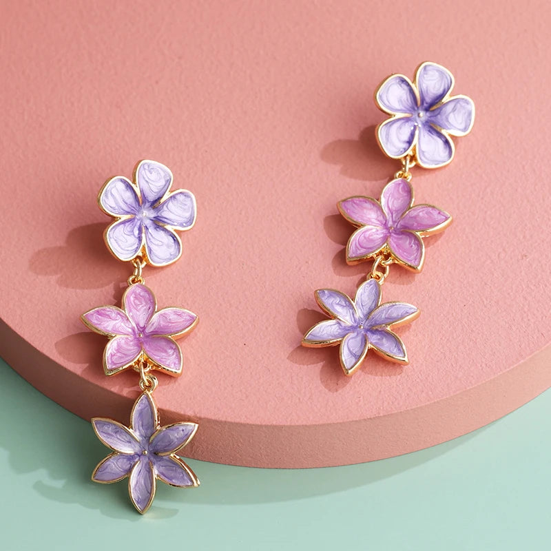 Long Flower Enamel Drop Earrings - Colorful Metal Petal Dangle Party Jewelry for Women