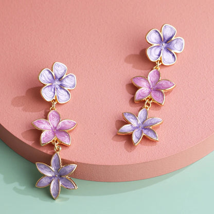 Long Flower Enamel Drop Earrings - Colorful Metal Petal Dangle Party Jewelry for Women