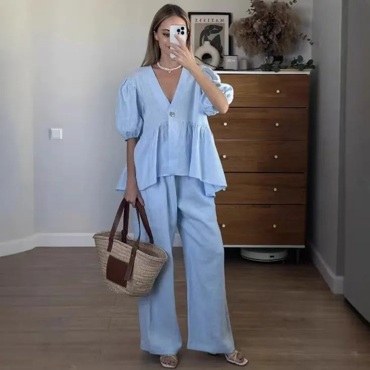 2025 Women’s Solid Color 2-Piece Set – V-Neck Bubble Sleeve Top & Long Pants Summer Casual Outfit Suit