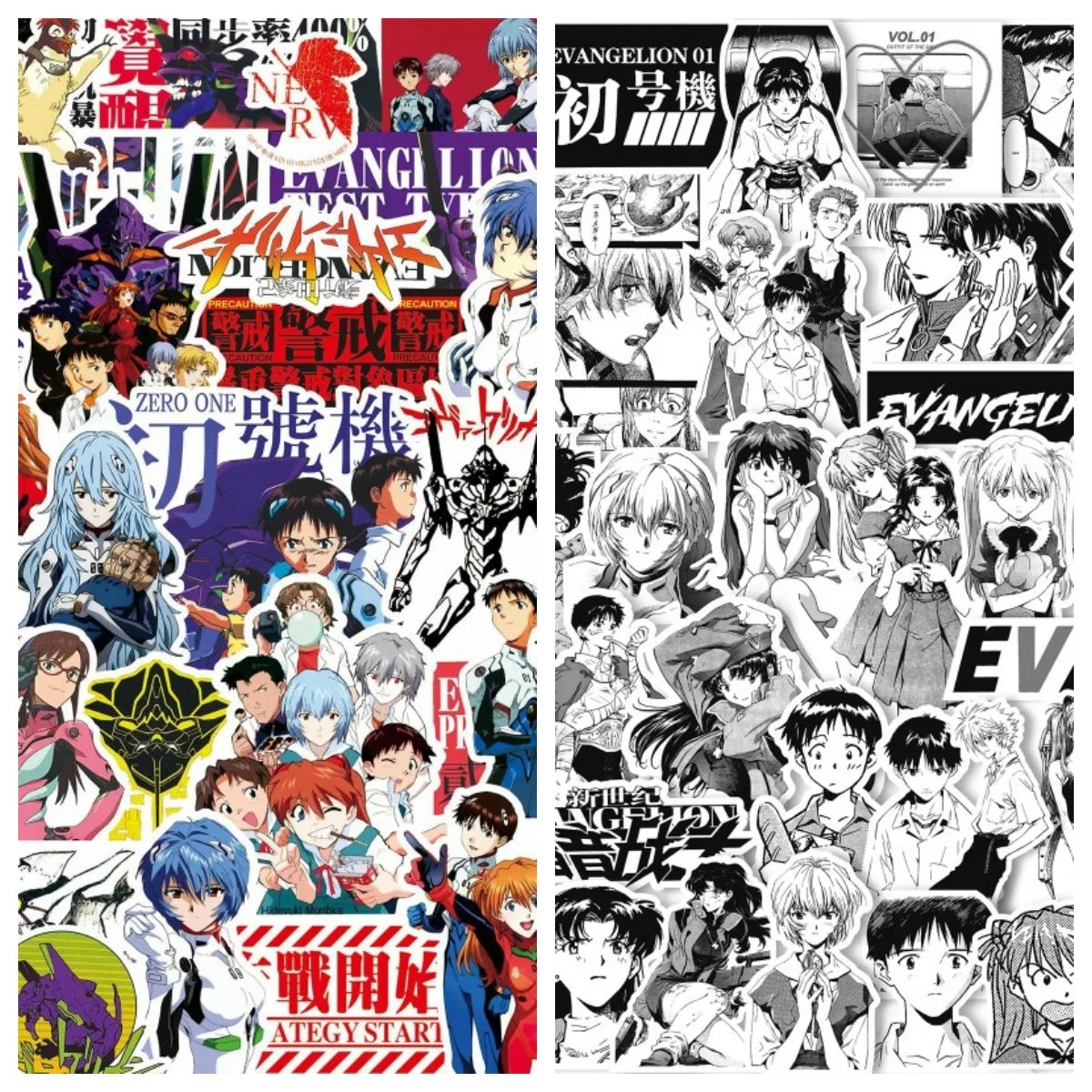 70/75-Piece Neon Genesis Evangelion Sticker Set - Black & White Sketch Anime Decals for Notebooks, Skateboards & Bikes