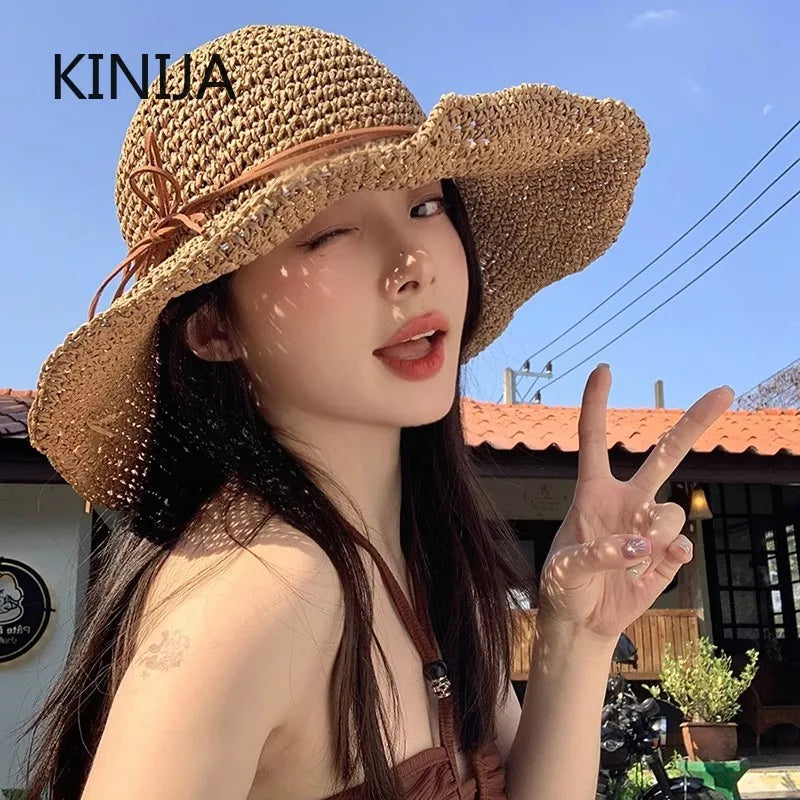 Women’s Holiday Beach Sun Hat – Large Brim Woven Straw Fisherman Hat with Bow, Seaside Sun Protection Panama Chapeau Korean Style