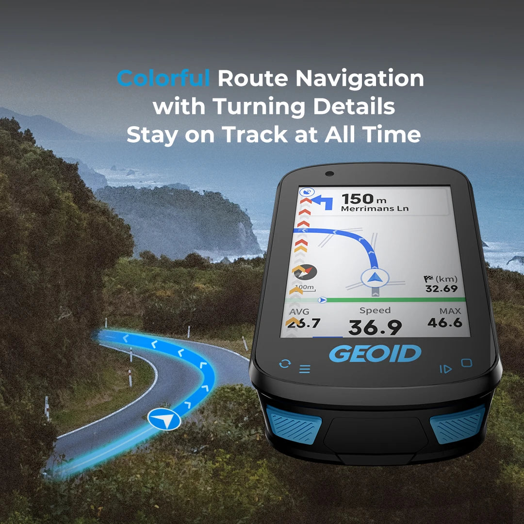 GPS Navigation Bike Computer - Colorful Screen Geoid CC600, Wireless Speedometer, GPX, Wifi Cycling Odometer, ANT+ Indoor Power