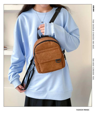 Women's Mini Backpack - Fashionable Solid Color Corduroy Casual Schoolbag with Large Capacity