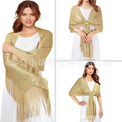 Gold & Silver Thread Tassel Scarf – Elegant Beach, Wedding & Party Fashion Shawl Accessory SJ15