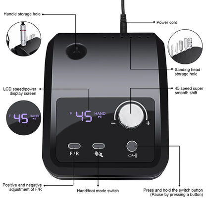 45000 RPM Electric Nail Drill Machine - HD Display, Metal Manicure Pen, Professional Nail Lathe & Sander for Nails