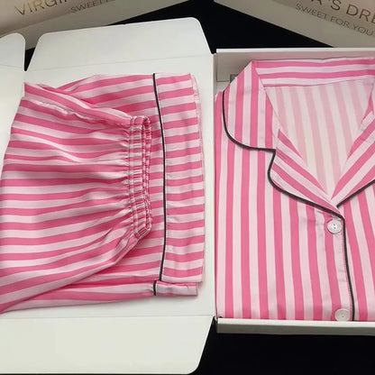 Plus Size Women’s Pajama Set – Short Sleeve Cardigan & Striped Shorts Two-Piece Homewear