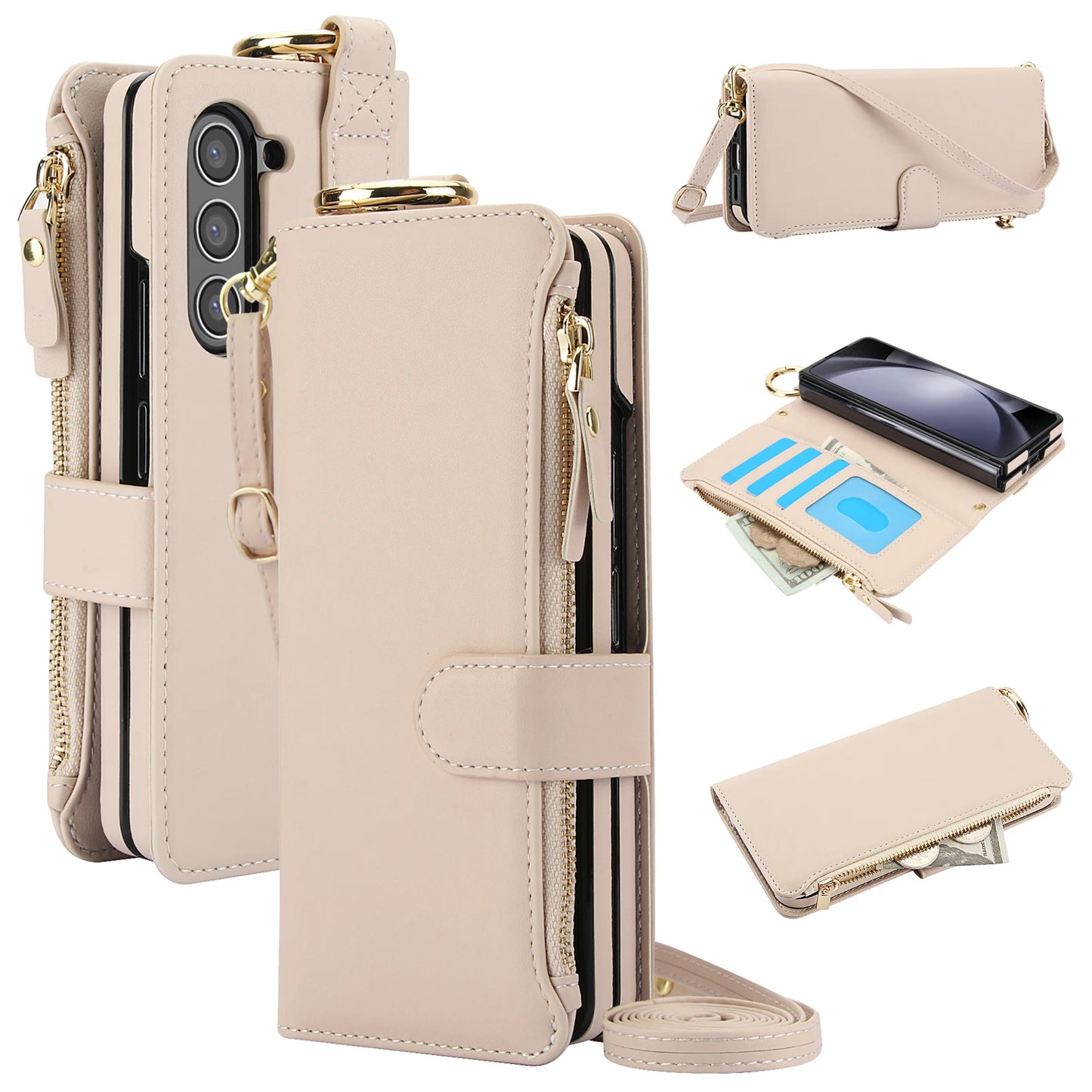 Crossbody Leather Wallet Case with Card Slots, Zipper & Kickstand for Samsung Galaxy Z Fold 3/4/5/6 – Wristband & Ring Holder